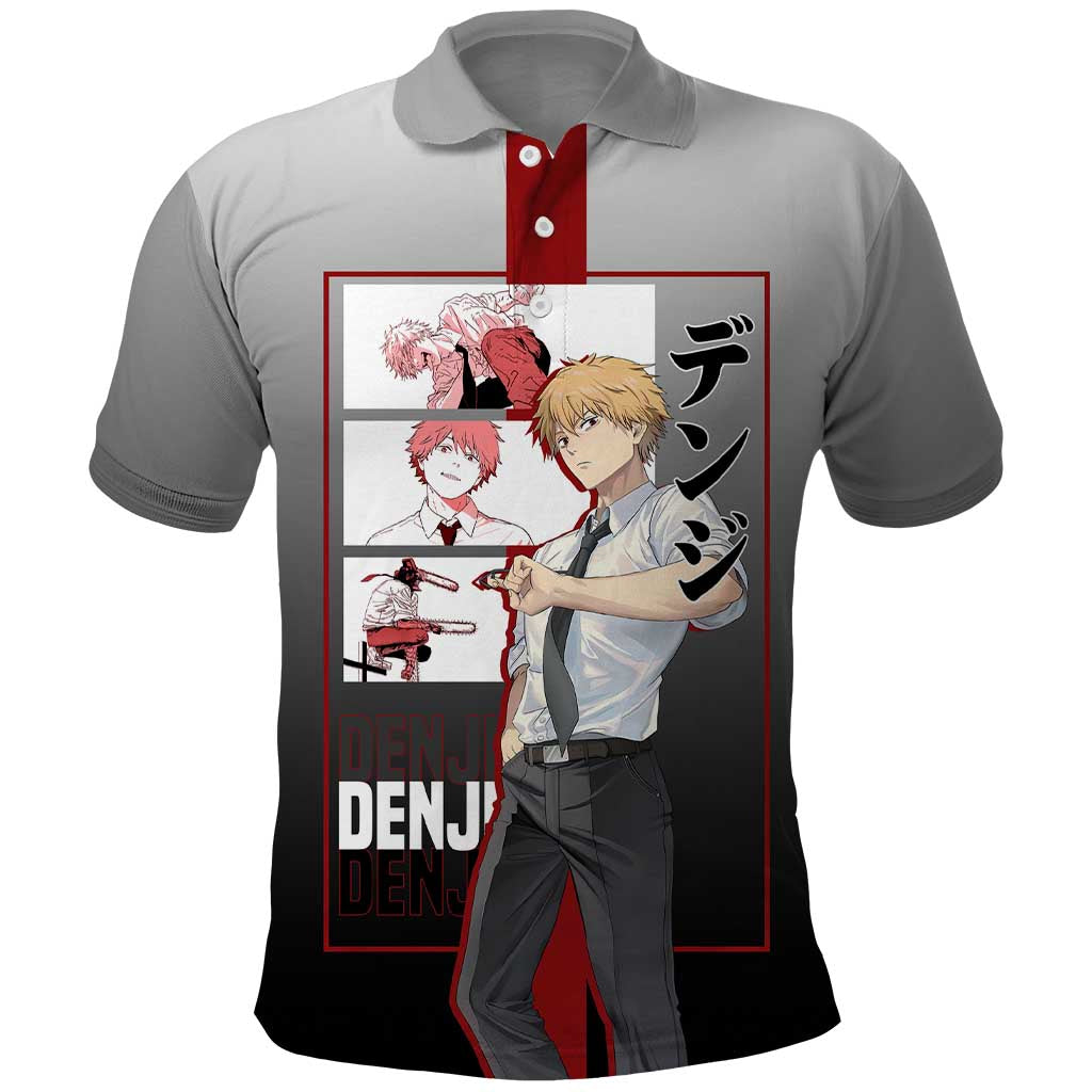 Denji Chainsaw Man Polo Shirt with Pochita Chainsaw Form and Intense Action Pose Design - The Mazicc