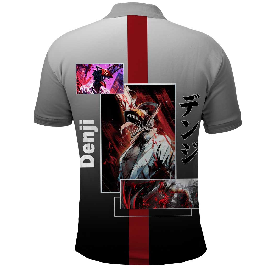 Denji Chainsaw Man Polo Shirt with Pochita Chainsaw Form and Intense Action Pose Design - The Mazicc