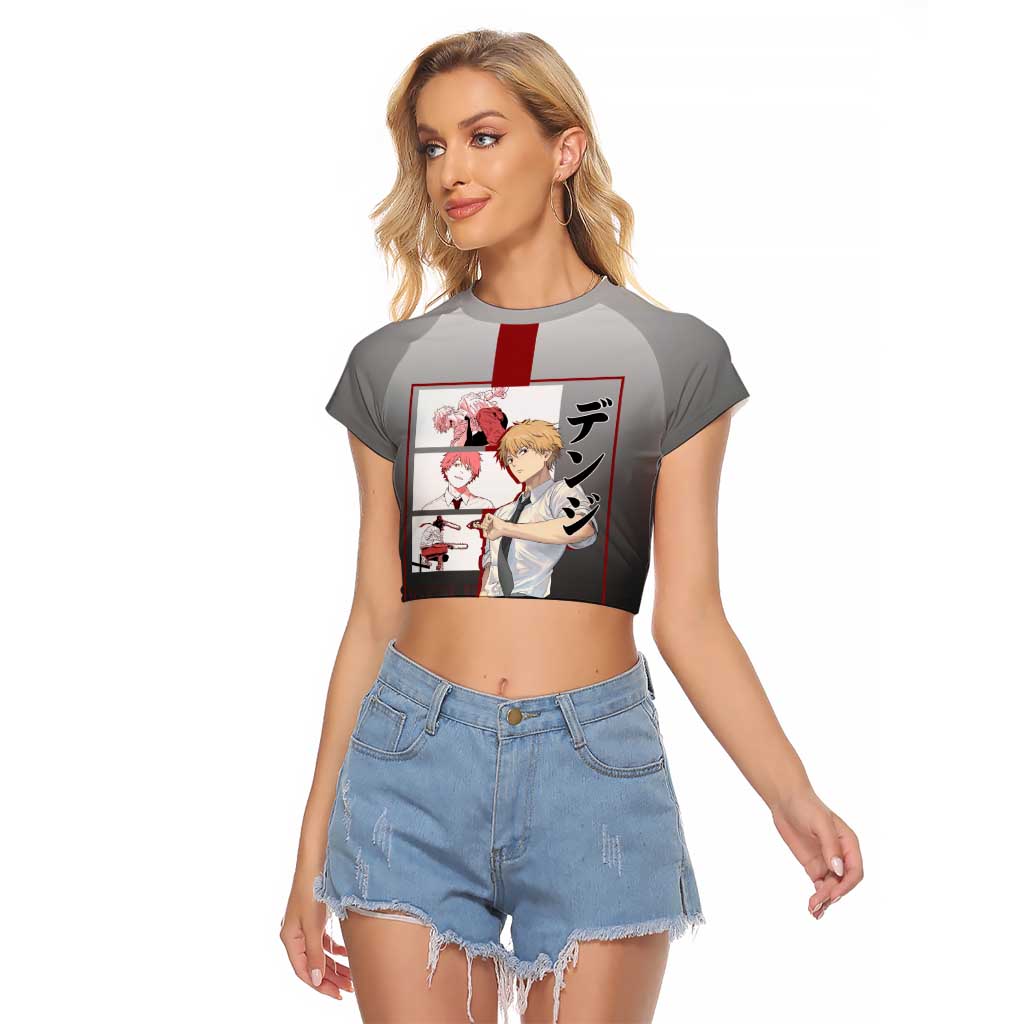 Denji Chainsaw Man Raglan Cropped T Shirt with Pochita Chainsaw Form and Intense Action Pose Design - The Mazicc