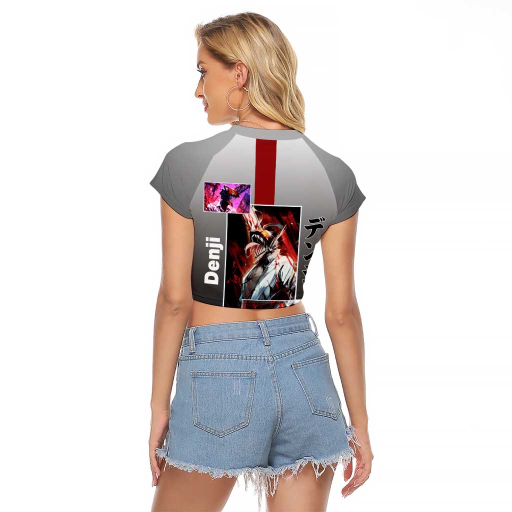 Denji Chainsaw Man Raglan Cropped T Shirt with Pochita Chainsaw Form and Intense Action Pose Design - The Mazicc