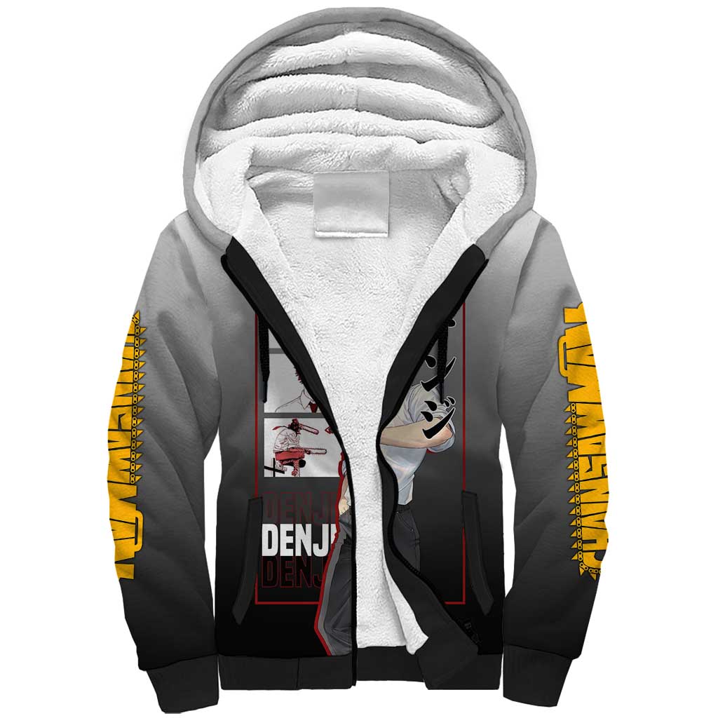 Denji Chainsaw Man Sherpa Hoodie with Pochita Chainsaw Form and Intense Action Pose Design - The Mazicc
