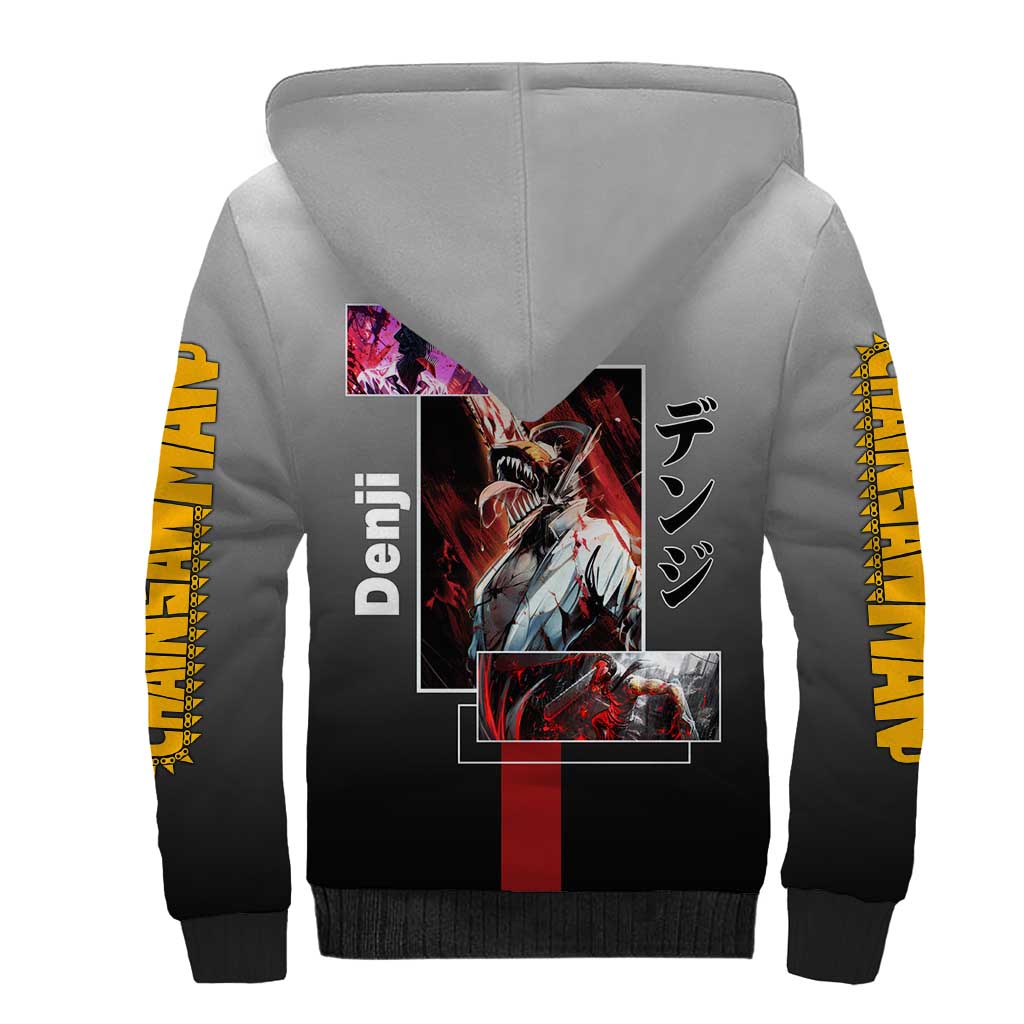 Denji Chainsaw Man Sherpa Hoodie with Pochita Chainsaw Form and Intense Action Pose Design - The Mazicc