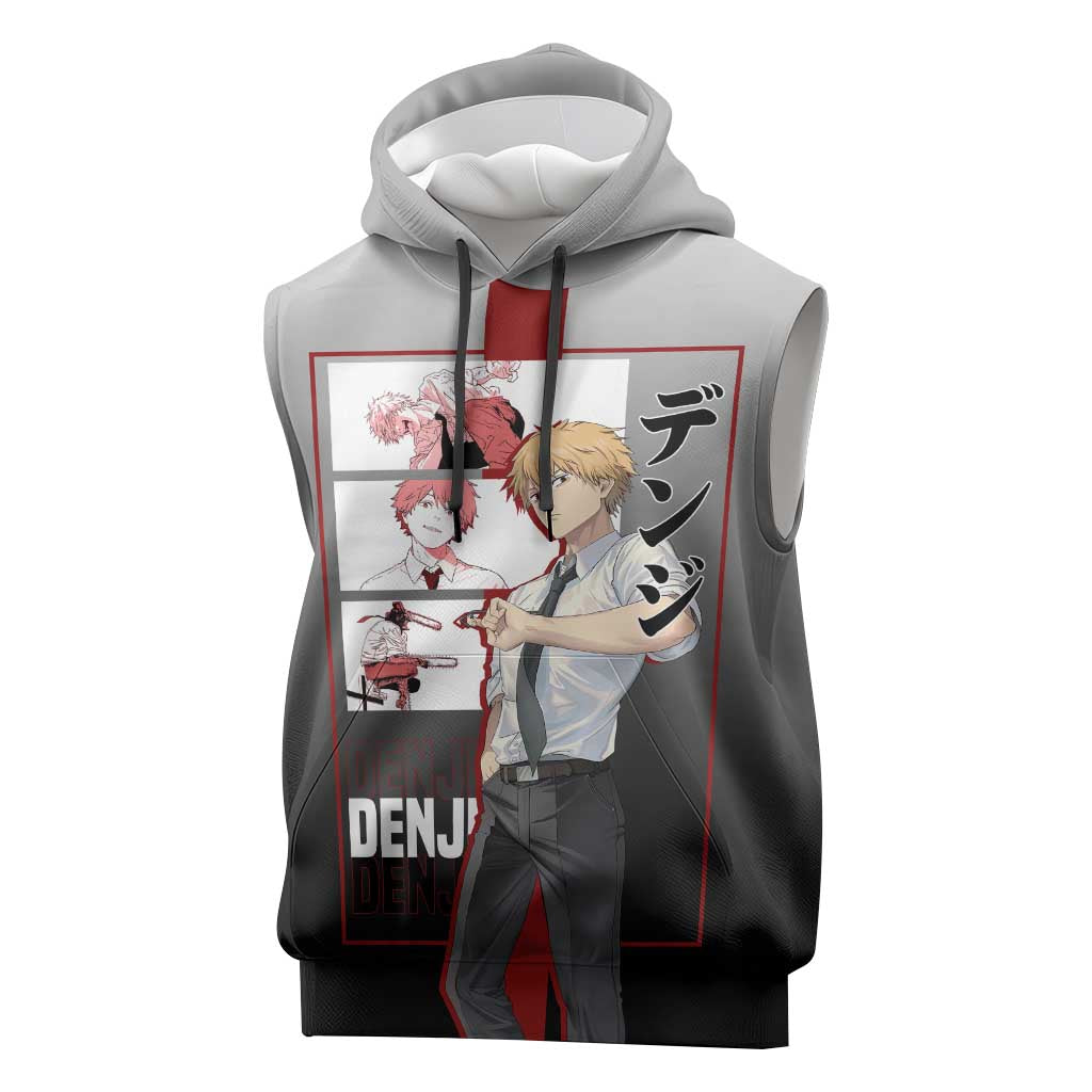 Denji Chainsaw Man Sleeveless Hoodie with Pochita Chainsaw Form and Intense Action Pose Design - The Mazicc