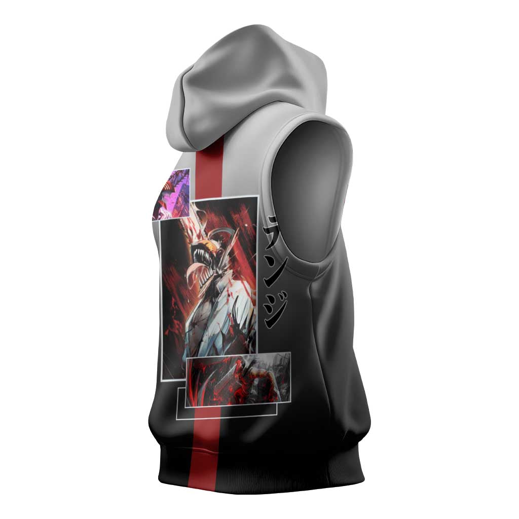 Denji Chainsaw Man Sleeveless Hoodie with Pochita Chainsaw Form and Intense Action Pose Design - The Mazicc