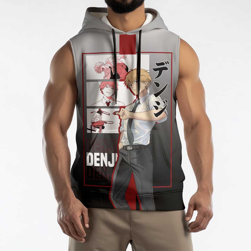 Denji Chainsaw Man Sleeveless Hoodie with Pochita Chainsaw Form and Intense Action Pose Design - The Mazicc