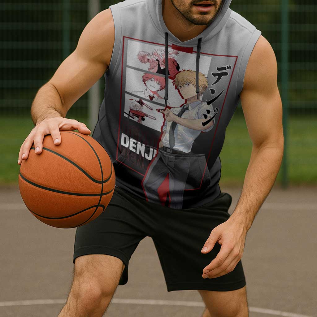 Denji Chainsaw Man Sleeveless Hoodie with Pochita Chainsaw Form and Intense Action Pose Design - The Mazicc