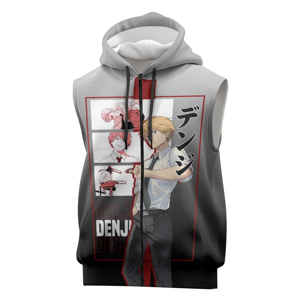 Denji Chainsaw Man Sleeveless Zip Hoodie with Pochita Chainsaw Form and Intense Action Pose Design - The Mazicc