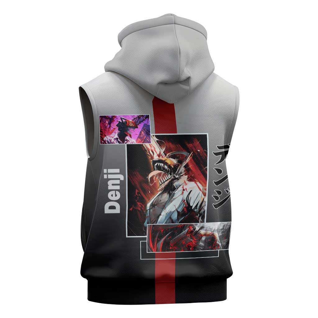 Denji Chainsaw Man Sleeveless Zip Hoodie with Pochita Chainsaw Form and Intense Action Pose Design - The Mazicc