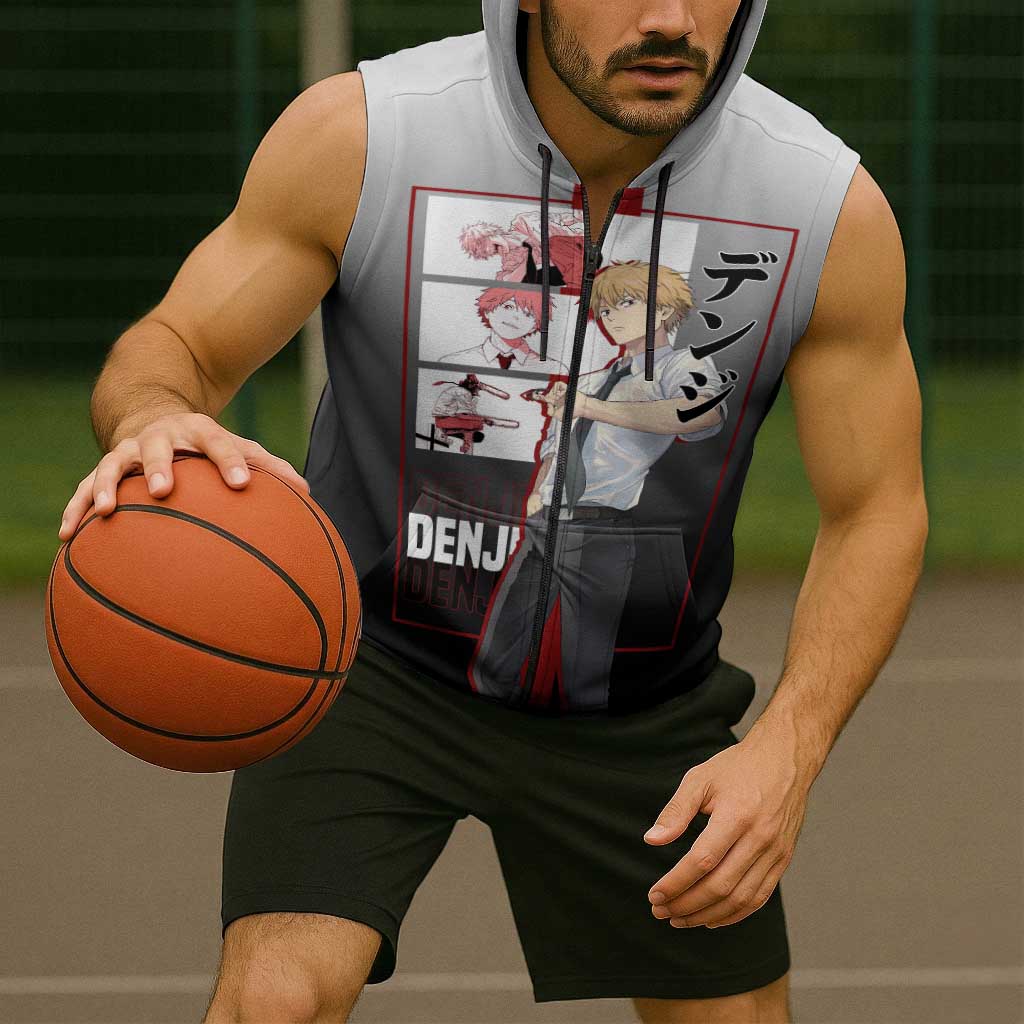 Denji Chainsaw Man Sleeveless Zip Hoodie with Pochita Chainsaw Form and Intense Action Pose Design - The Mazicc