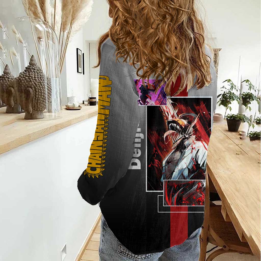 Denji Chainsaw Man Women Casual Shirt with Pochita Chainsaw Form and Intense Action Pose Design - The Mazicc