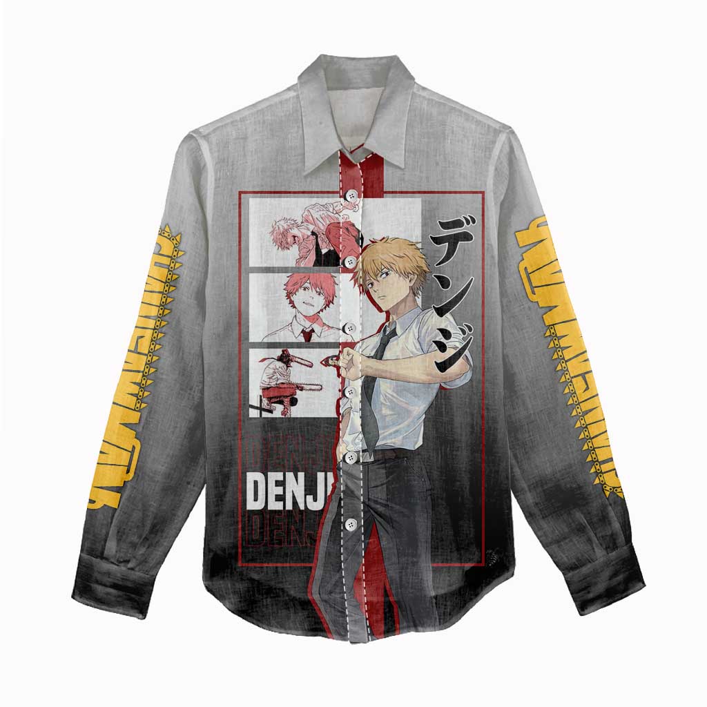 Denji Chainsaw Man Women Casual Shirt with Pochita Chainsaw Form and Intense Action Pose Design - The Mazicc