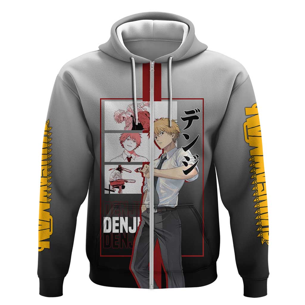 Denji Chainsaw Man Zip Hoodie with Pochita Chainsaw Form and Intense Action Pose Design - The Mazicc