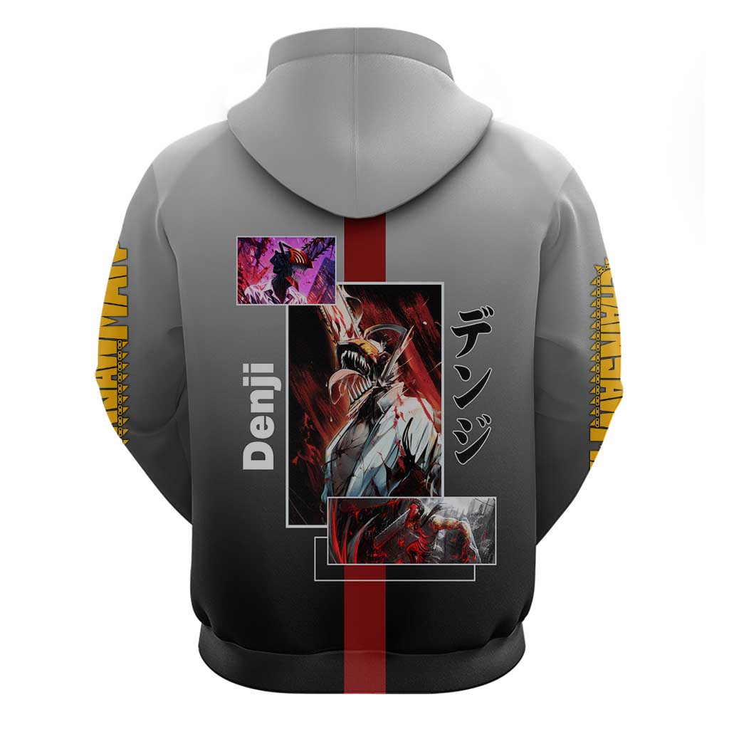 Denji Chainsaw Man Zip Hoodie with Pochita Chainsaw Form and Intense Action Pose Design - The Mazicc