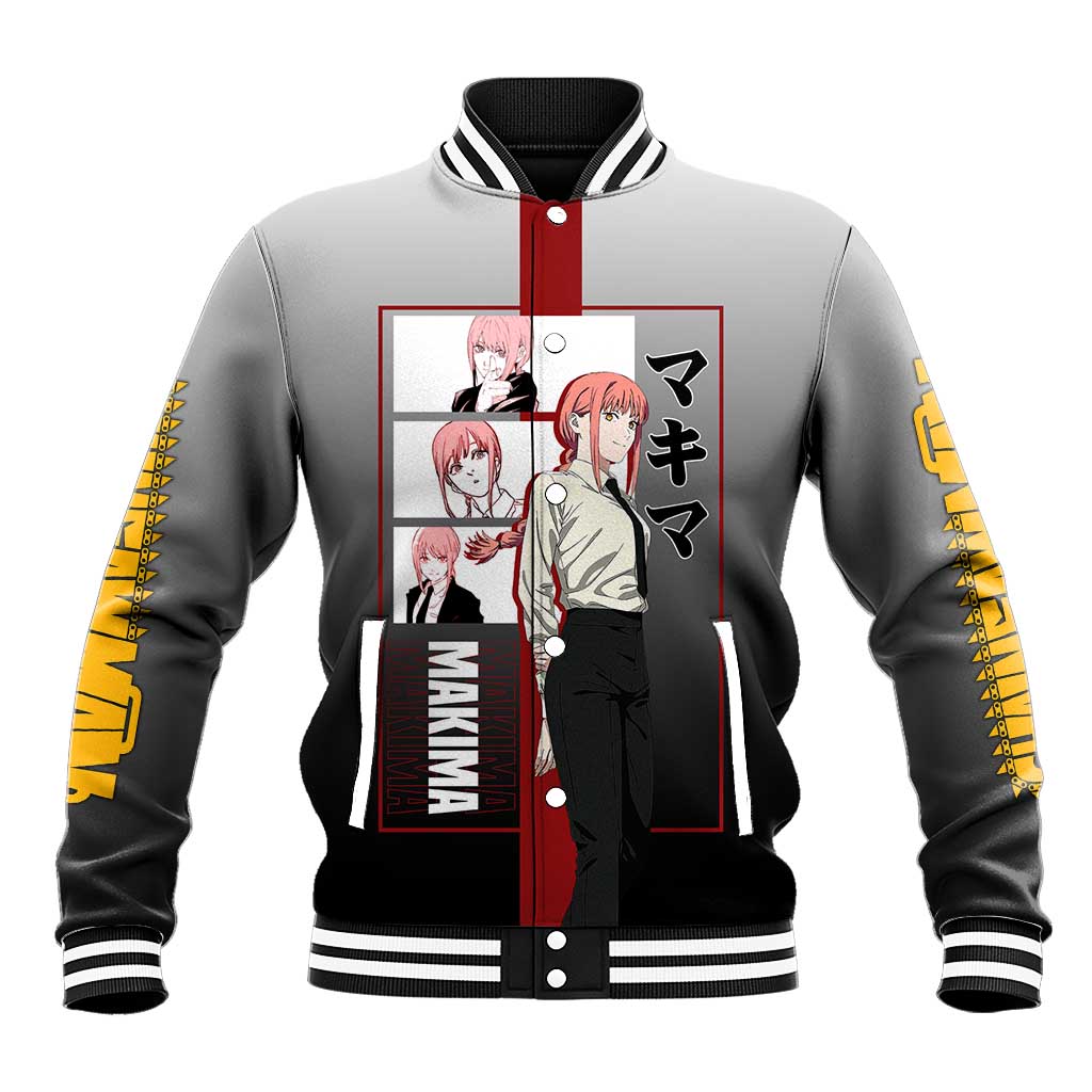 Makima Chainsaw Man Baseball Jacket with Cunning Pose and Mysterious Aura Design - The Mazicc
