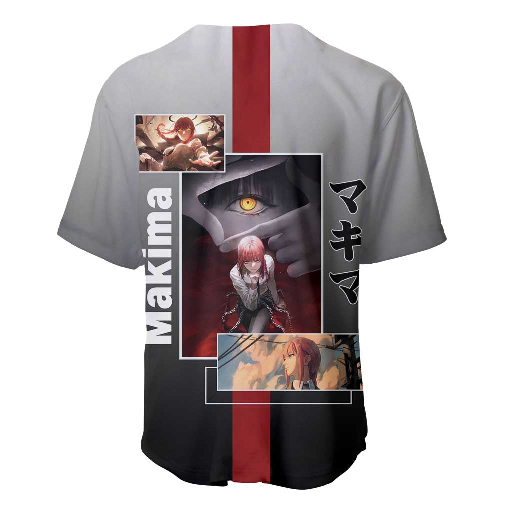 Makima Chainsaw Man Baseball Jersey with Cunning Pose and Mysterious Aura Design - The Mazicc