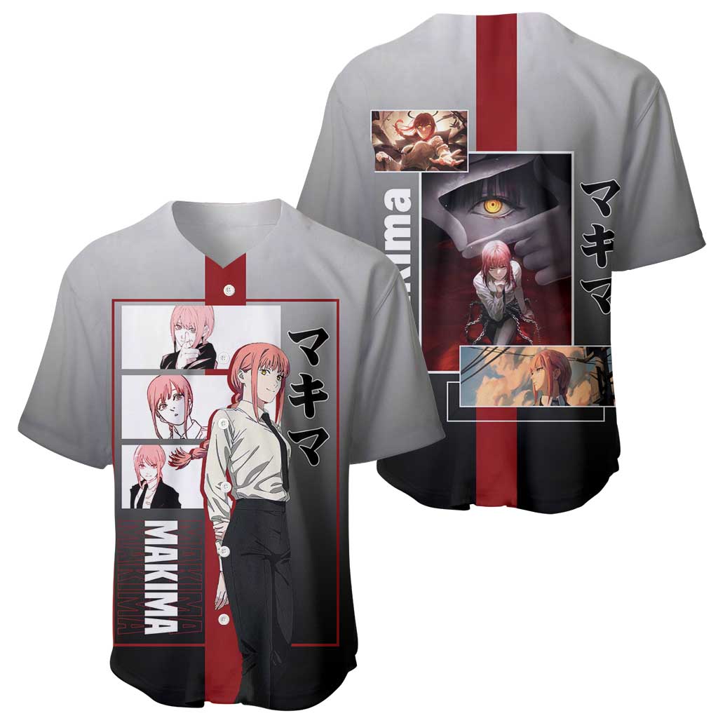 Makima Chainsaw Man Baseball Jersey with Cunning Pose and Mysterious Aura Design - The Mazicc