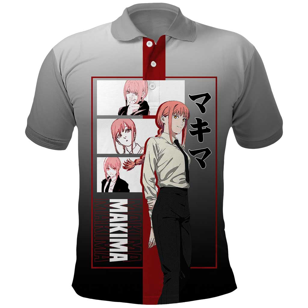Makima Chainsaw Man Polo Shirt with Cunning Pose and Mysterious Aura Design - The Mazicc