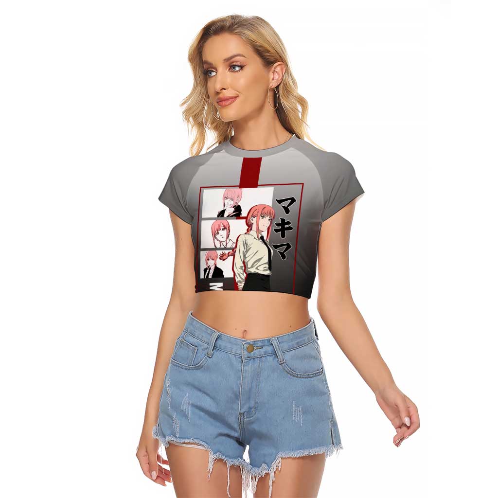 Makima Chainsaw Man Raglan Cropped T Shirt with Cunning Pose and Mysterious Aura Design - The Mazicc