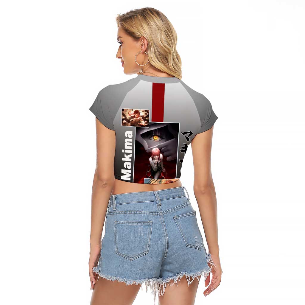 Makima Chainsaw Man Raglan Cropped T Shirt with Cunning Pose and Mysterious Aura Design - The Mazicc