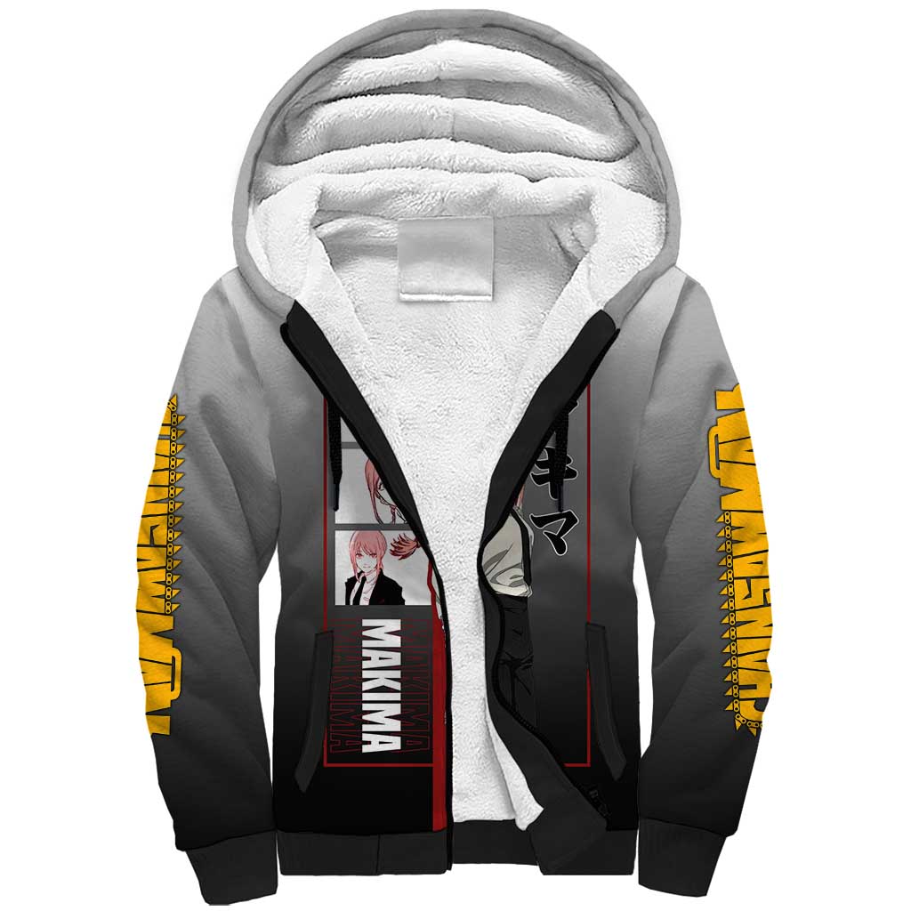 Makima Chainsaw Man Sherpa Hoodie with Cunning Pose and Mysterious Aura Design - The Mazicc