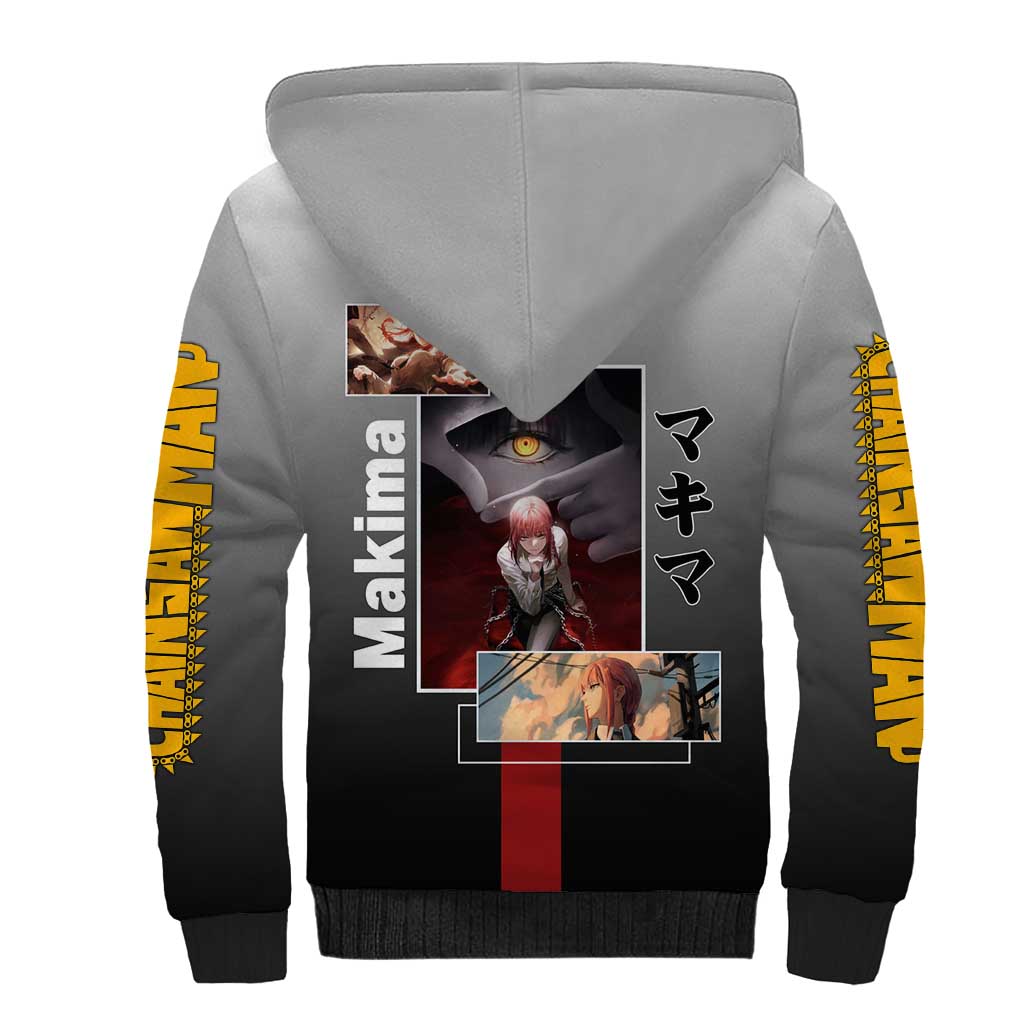 Makima Chainsaw Man Sherpa Hoodie with Cunning Pose and Mysterious Aura Design - The Mazicc