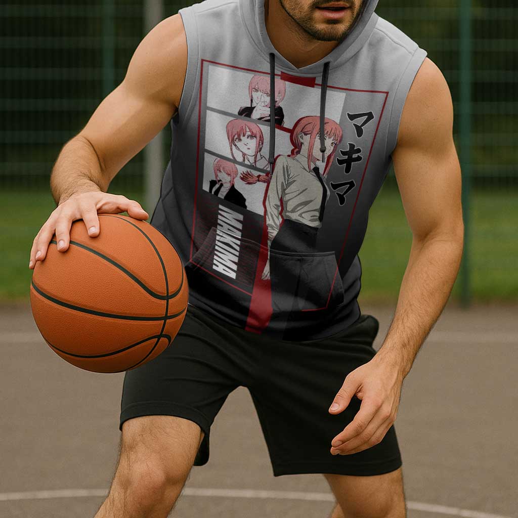 Makima Chainsaw Man Sleeveless Hoodie with Cunning Pose and Mysterious Aura Design - The Mazicc
