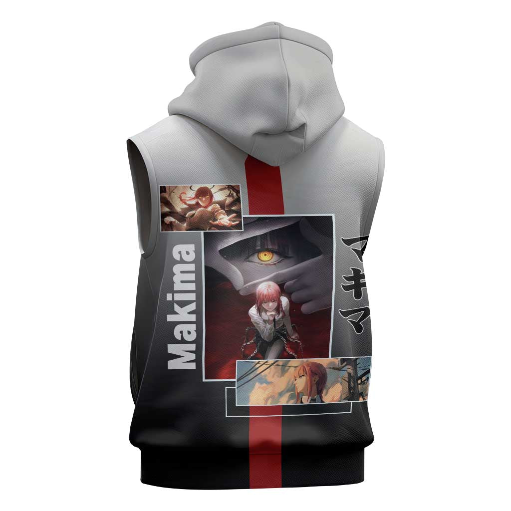 Makima Chainsaw Man Sleeveless Zip Hoodie with Cunning Pose and Mysterious Aura Design - The Mazicc