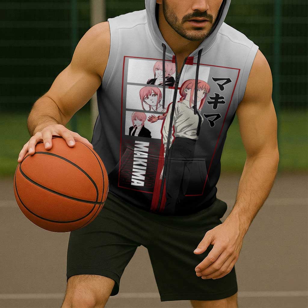 Makima Chainsaw Man Sleeveless Zip Hoodie with Cunning Pose and Mysterious Aura Design - The Mazicc