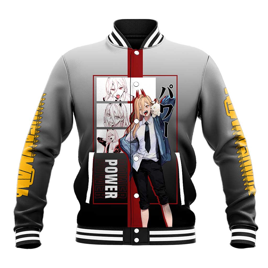 Power Chainsaw Man Baseball Jacket with Devil Horns and Playful Fierce Design - The Mazicc