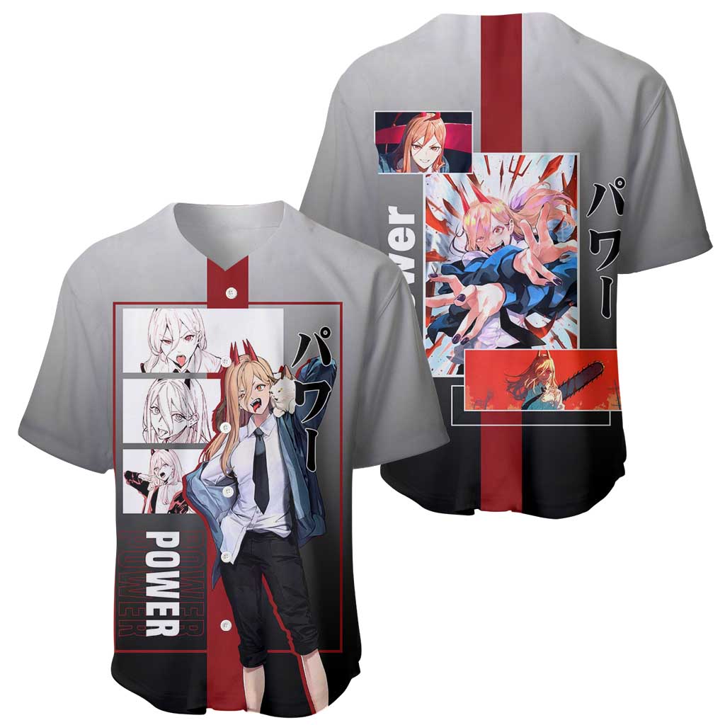 Power Chainsaw Man Baseball Jersey with Devil Horns and Playful Fierce Design - The Mazicc