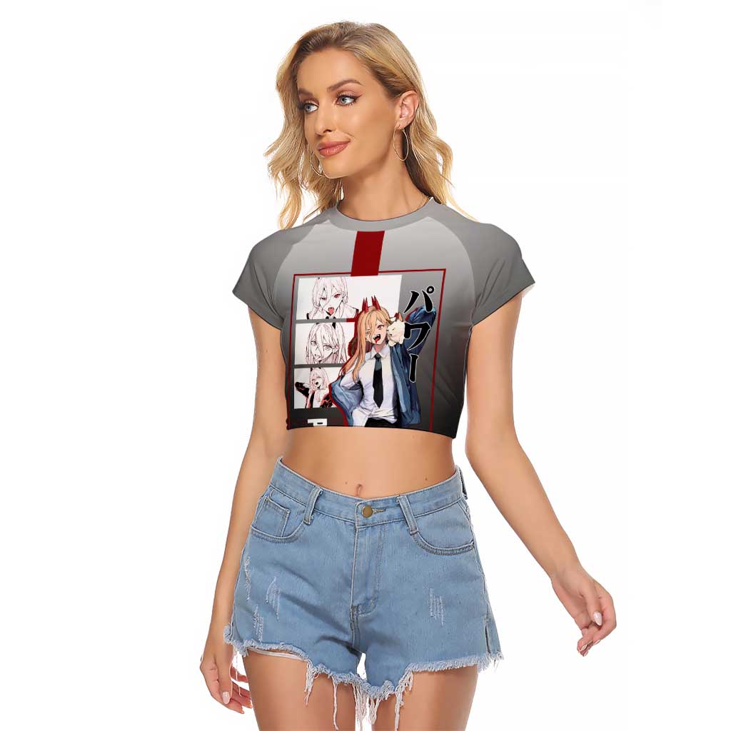 Power Chainsaw Man Raglan Cropped T Shirt with Devil Horns and Playful Fierce Design - The Mazicc