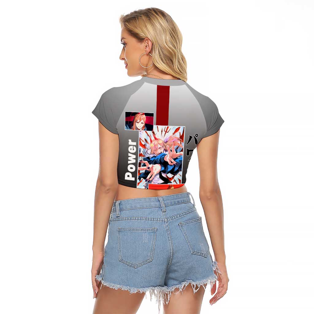 Power Chainsaw Man Raglan Cropped T Shirt with Devil Horns and Playful Fierce Design - The Mazicc