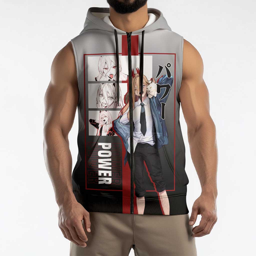 Power Chainsaw Man Sleeveless Zip Hoodie with Devil Horns and Playful Fierce Design - The Mazicc