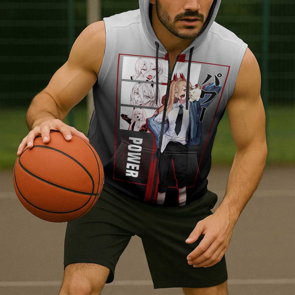 Power Chainsaw Man Sleeveless Zip Hoodie with Devil Horns and Playful Fierce Design - The Mazicc