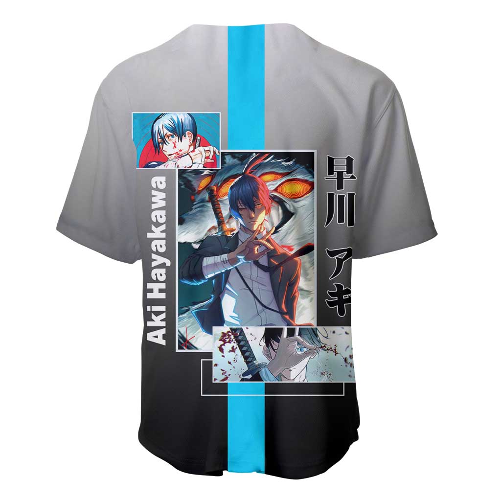 Aki Hayakawa Chainsaw Man Baseball Jersey with Devil Hunting Pose and Determined Design - The Mazicc