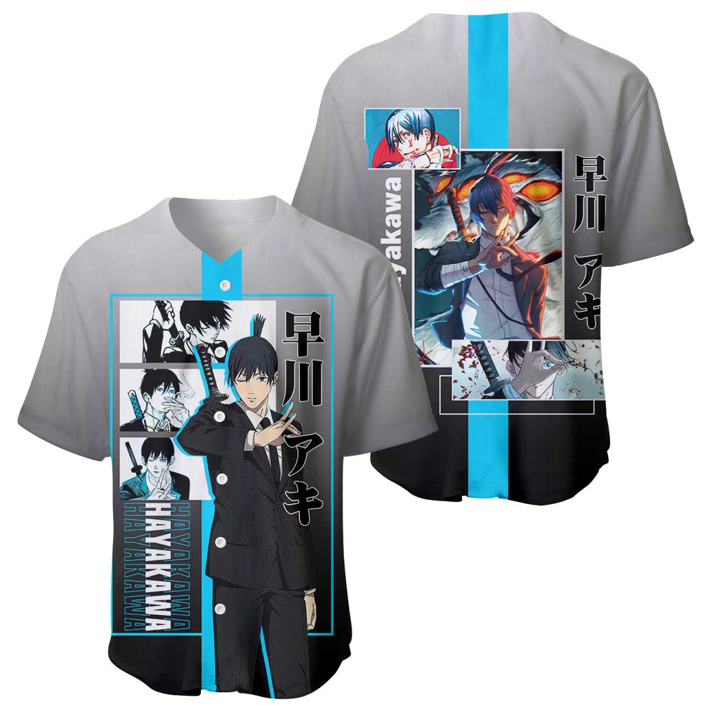 Aki Hayakawa Chainsaw Man Baseball Jersey with Devil Hunting Pose and Determined Design - The Mazicc