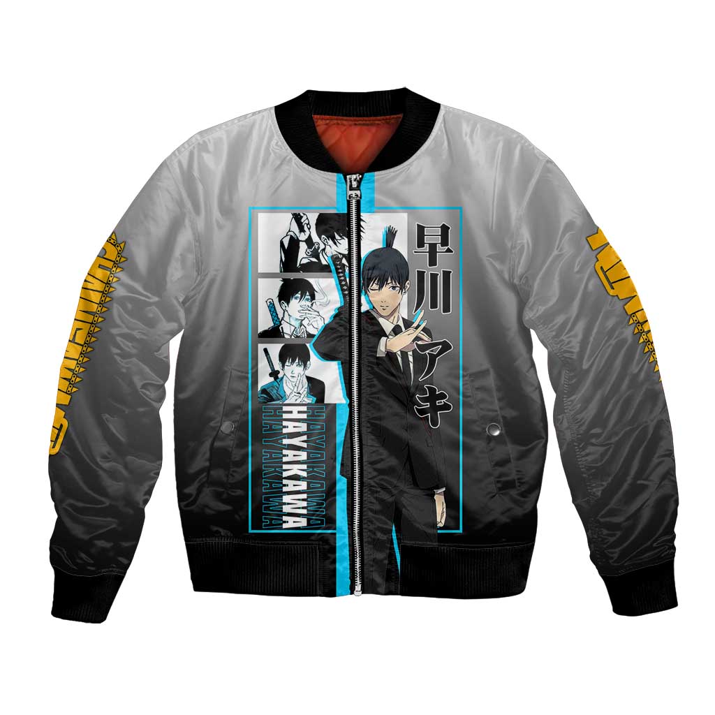Aki Hayakawa Chainsaw Man Bomber Jacket with Devil Hunting Pose and Determined Design - The Mazicc
