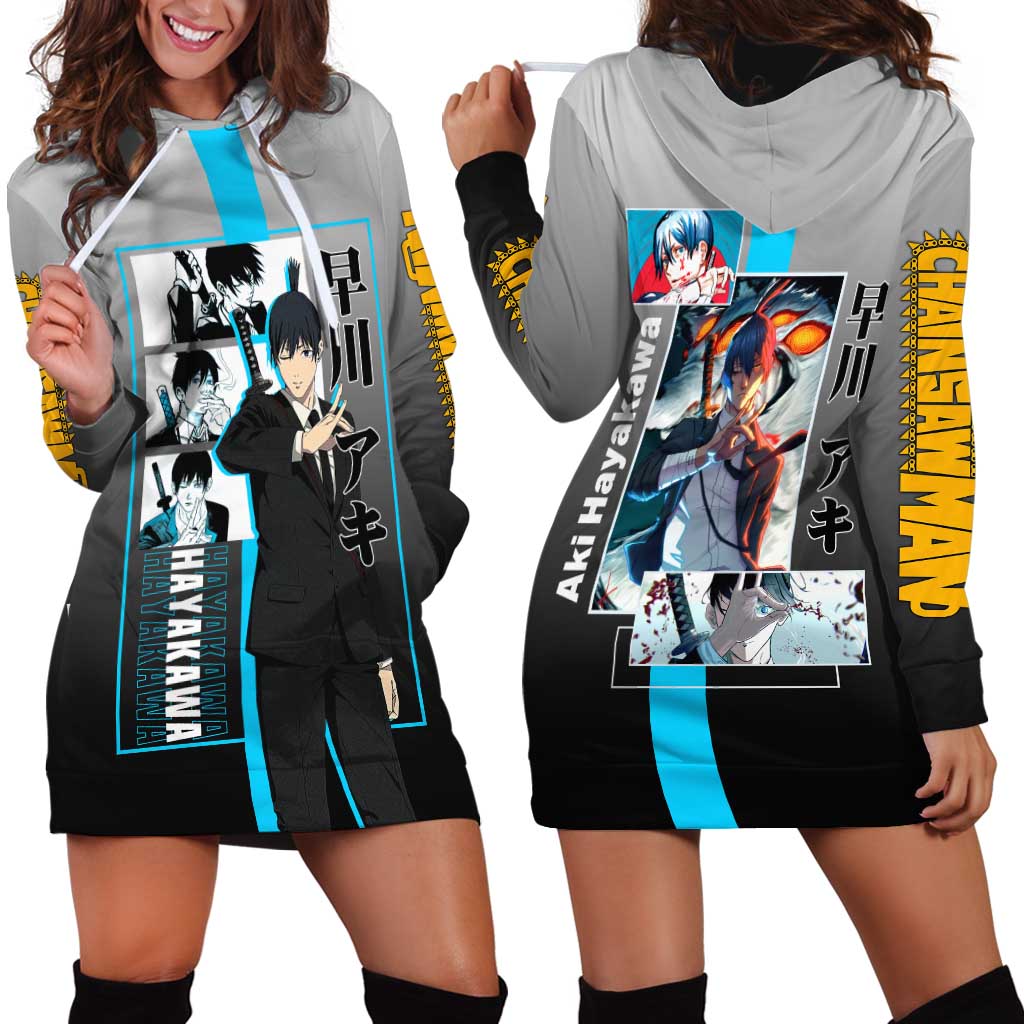Aki Hayakawa Chainsaw Man Hoodie Dress with Devil Hunting Pose and Determined Design - The Mazicc