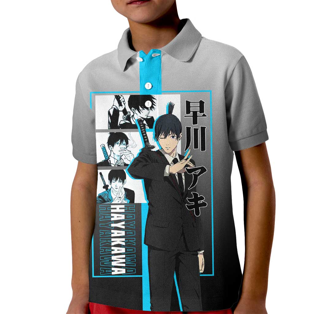 Aki Hayakawa Chainsaw Man Kid Polo Shirt with Devil Hunting Pose and Determined Design - The Mazicc