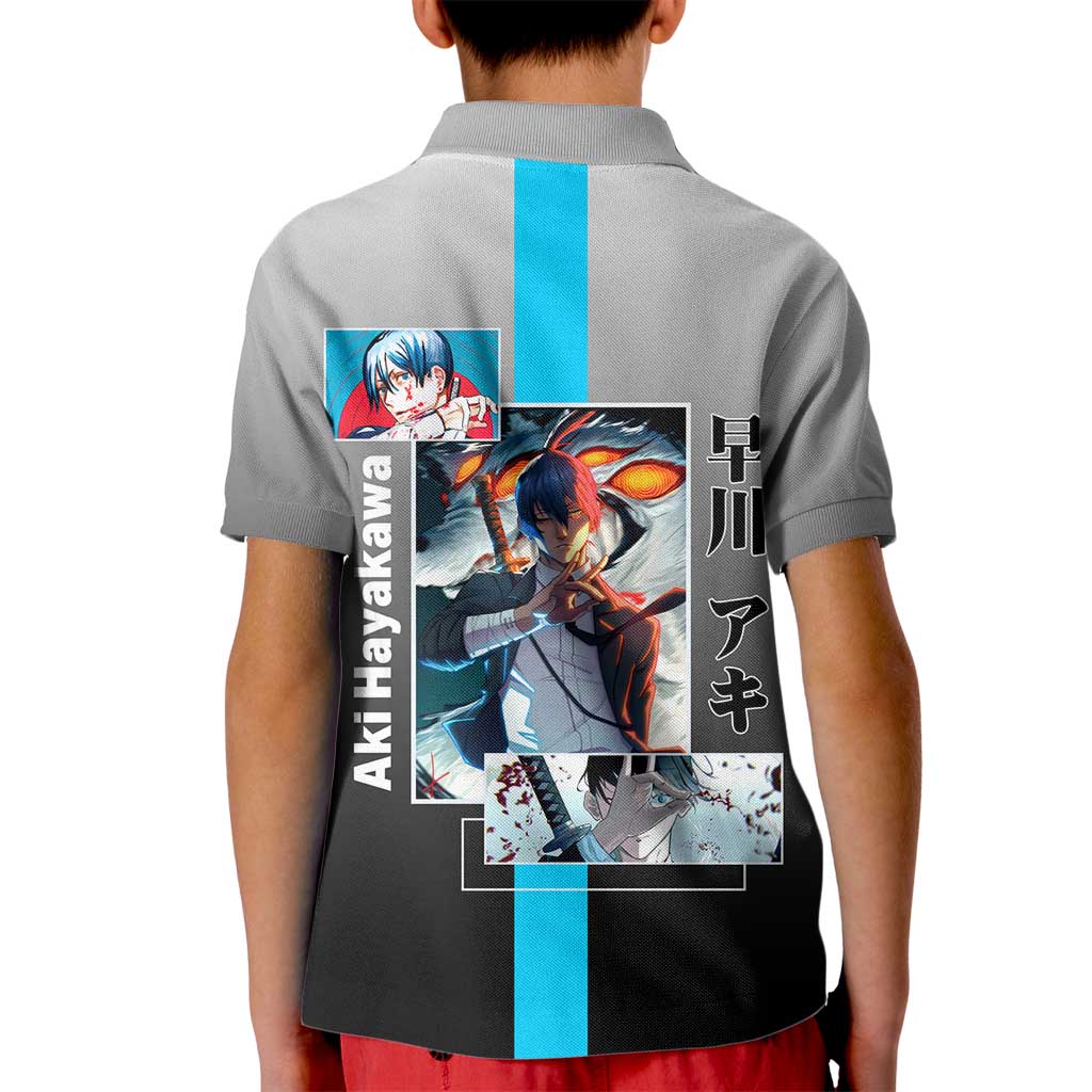 Aki Hayakawa Chainsaw Man Kid Polo Shirt with Devil Hunting Pose and Determined Design - The Mazicc