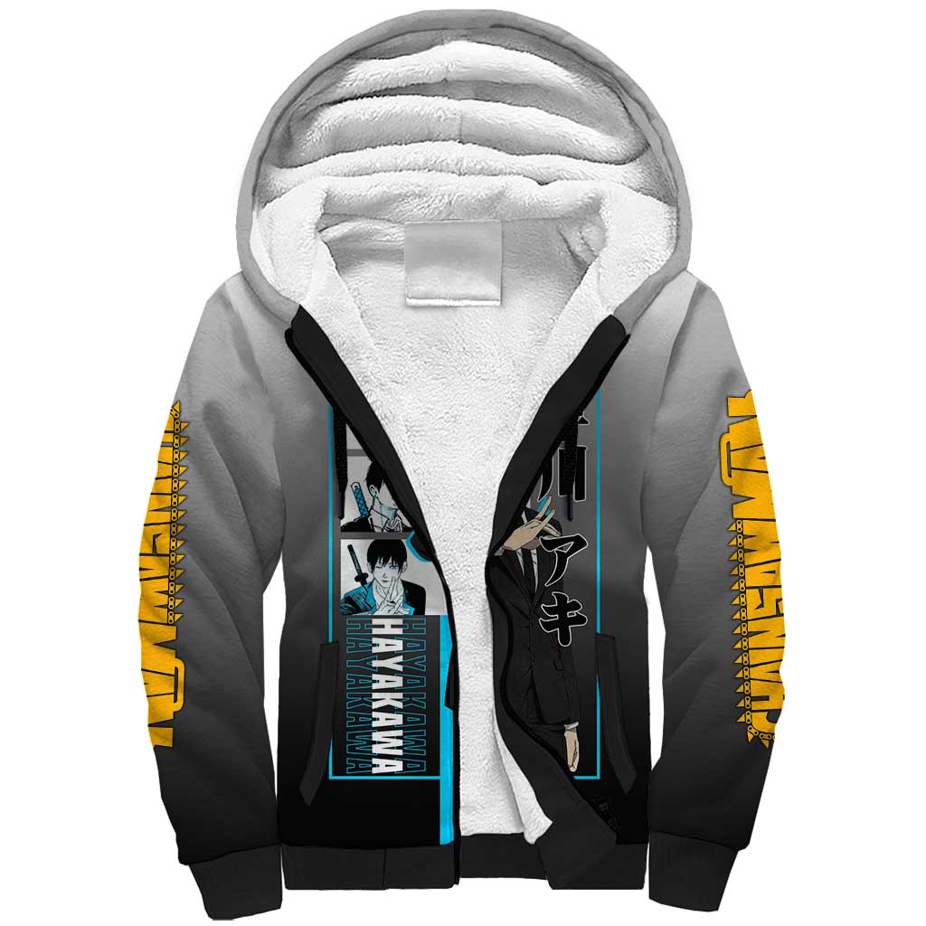 Aki Hayakawa Chainsaw Man Sherpa Hoodie with Devil Hunting Pose and Determined Design - The Mazicc