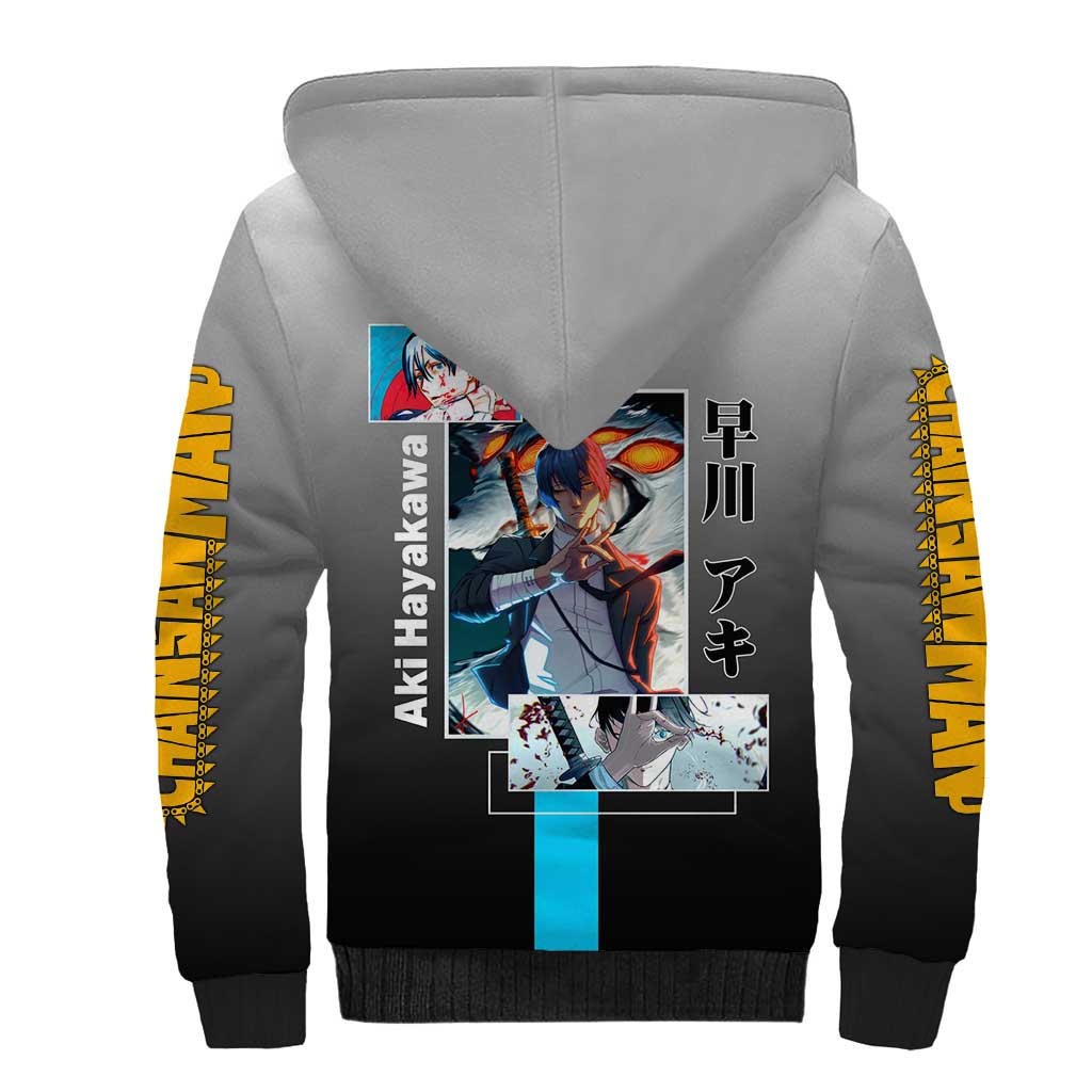 Aki Hayakawa Chainsaw Man Sherpa Hoodie with Devil Hunting Pose and Determined Design - The Mazicc