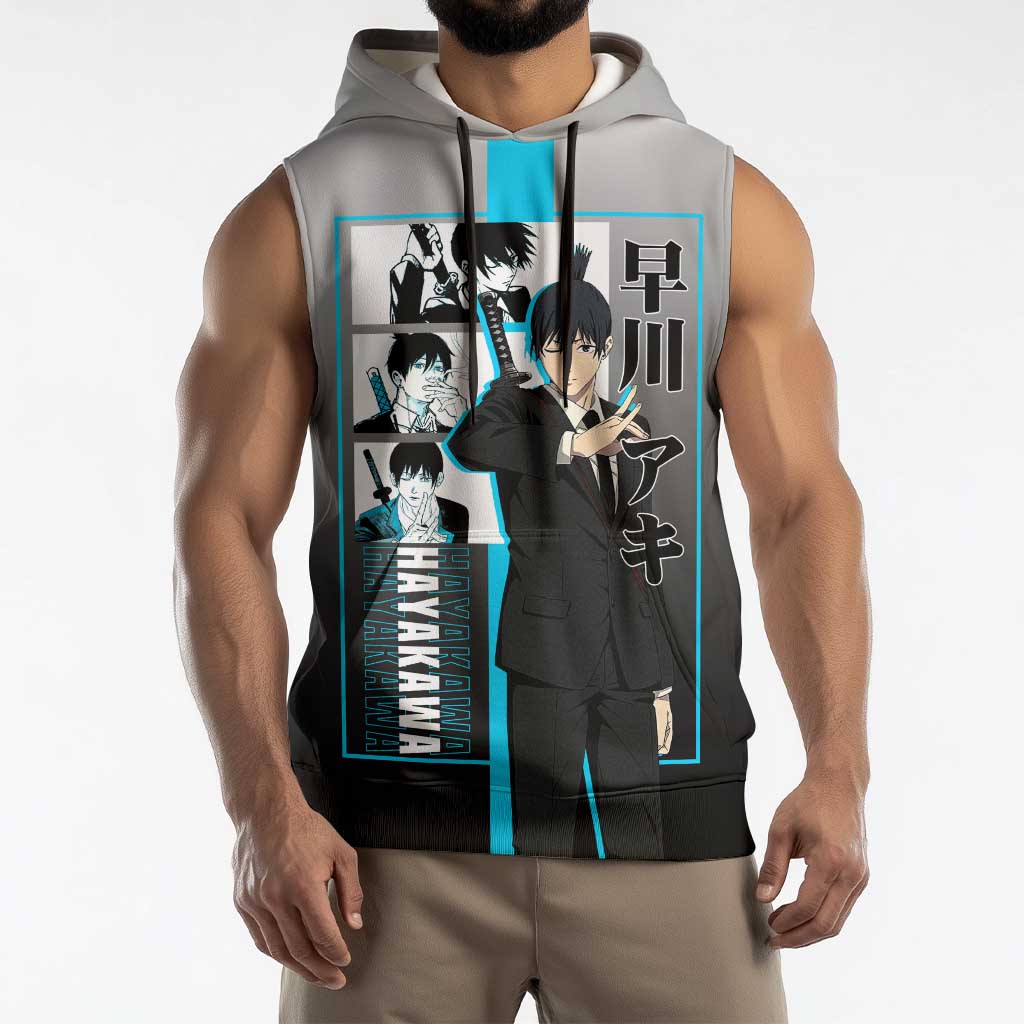 Aki Hayakawa Chainsaw Man Sleeveless Hoodie with Devil Hunting Pose and Determined Design - The Mazicc