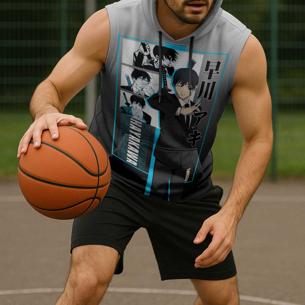 Aki Hayakawa Chainsaw Man Sleeveless Hoodie with Devil Hunting Pose and Determined Design - The Mazicc
