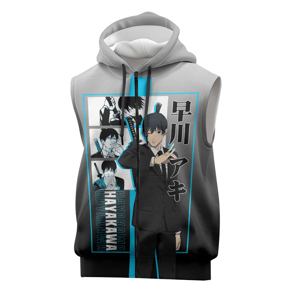 Aki Hayakawa Chainsaw Man Sleeveless Zip Hoodie with Devil Hunting Pose and Determined Design - The Mazicc