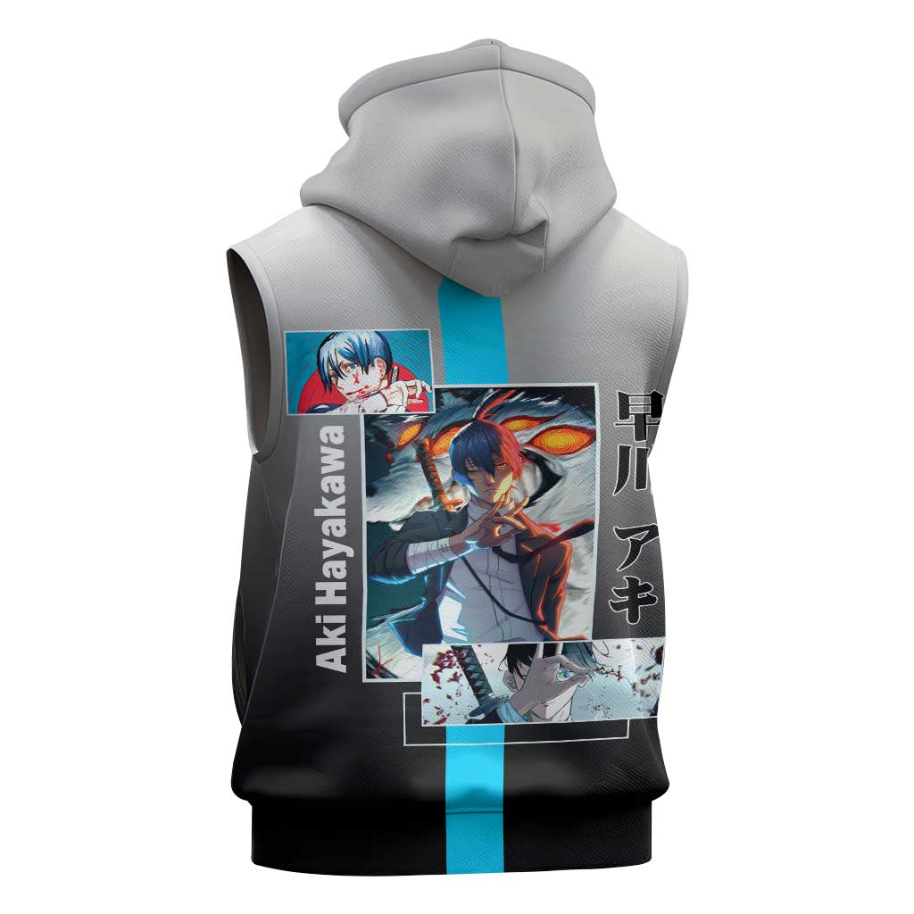 Aki Hayakawa Chainsaw Man Sleeveless Zip Hoodie with Devil Hunting Pose and Determined Design - The Mazicc