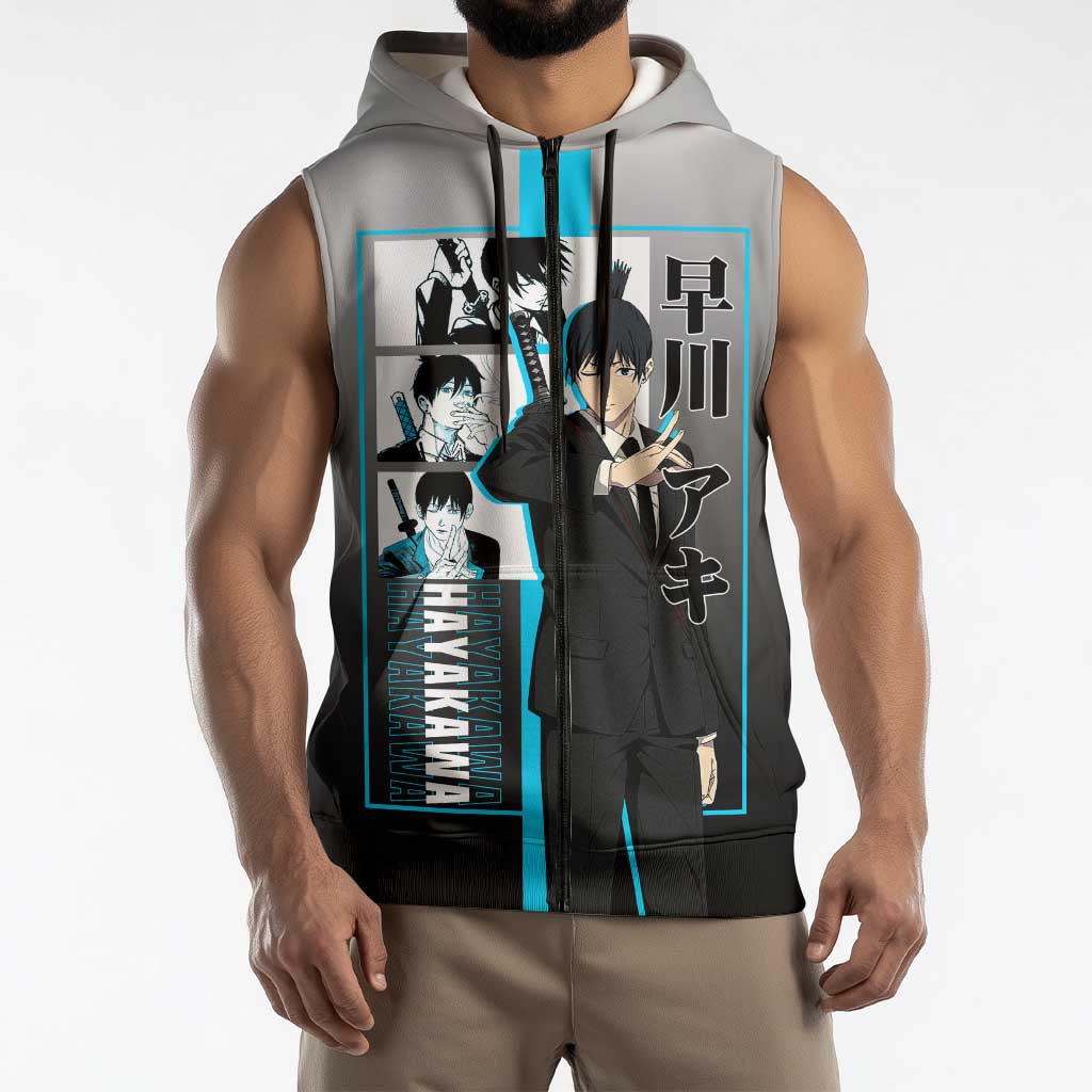 Aki Hayakawa Chainsaw Man Sleeveless Zip Hoodie with Devil Hunting Pose and Determined Design - The Mazicc