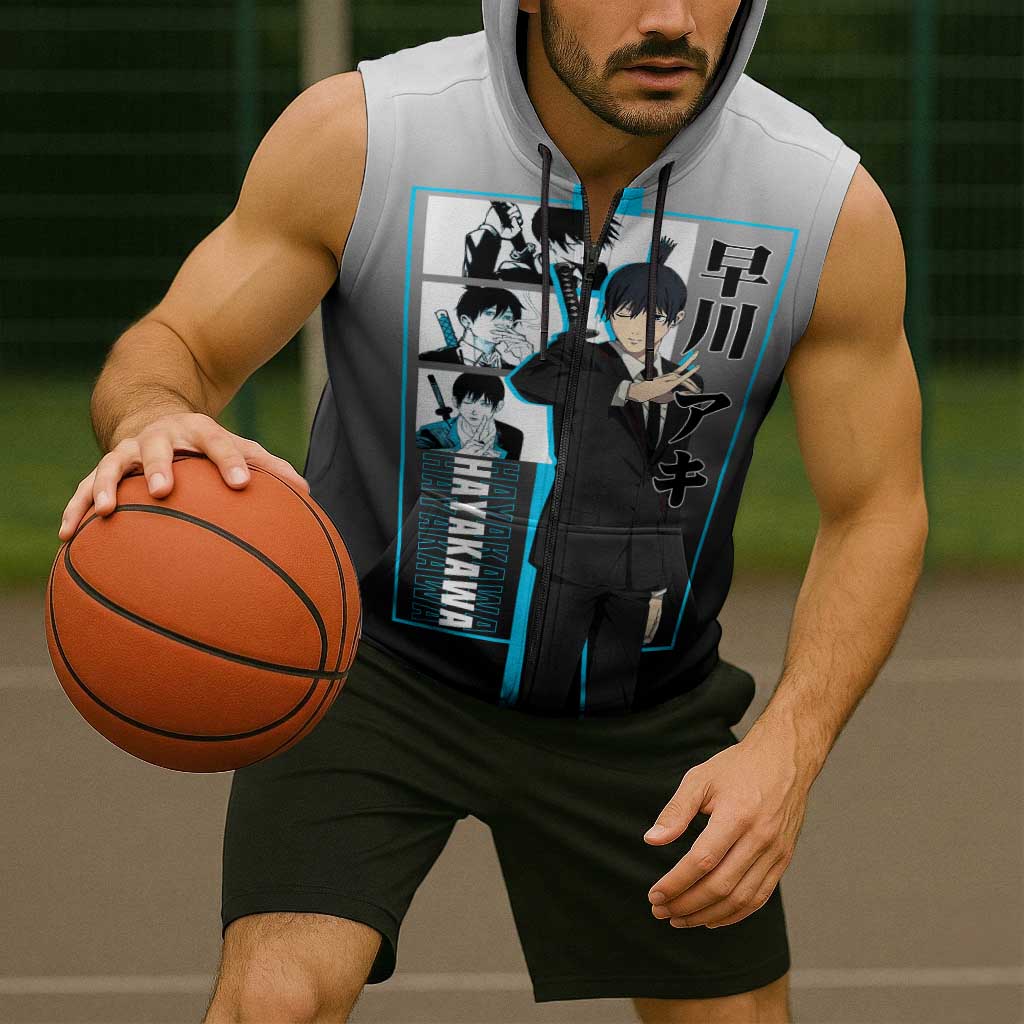 Aki Hayakawa Chainsaw Man Sleeveless Zip Hoodie with Devil Hunting Pose and Determined Design - The Mazicc