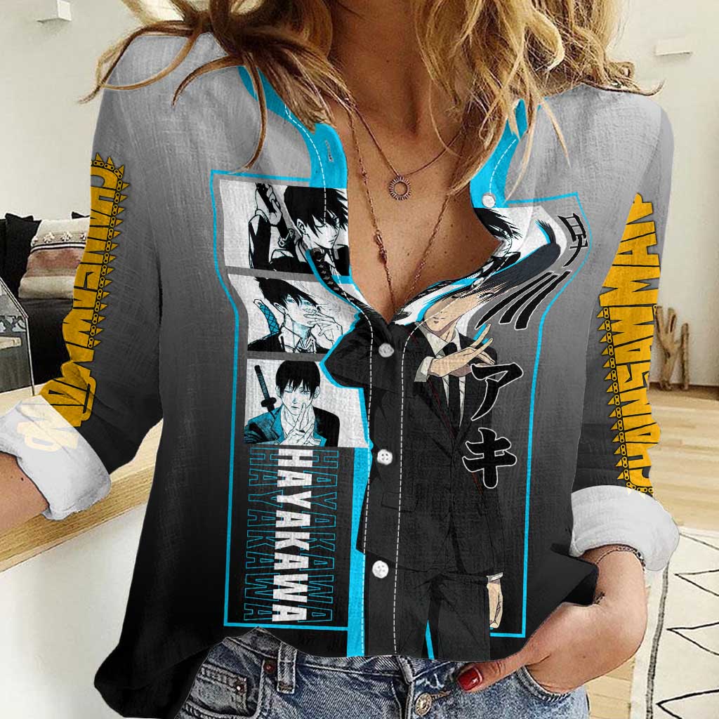Aki Hayakawa Chainsaw Man Women Casual Shirt with Devil Hunting Pose and Determined Design - The Mazicc