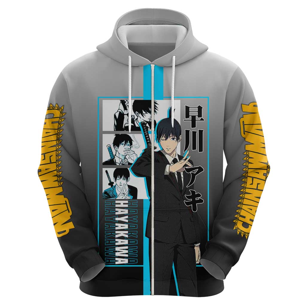 Aki Hayakawa Chainsaw Man Zip Hoodie with Devil Hunting Pose and Determined Design - The Mazicc